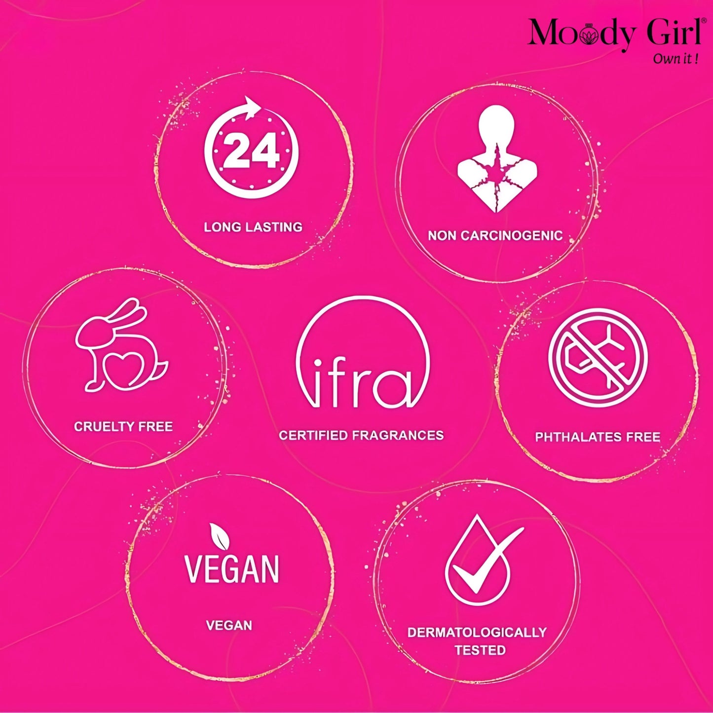 Product features on a pink background with 'Moody Girl' branding.