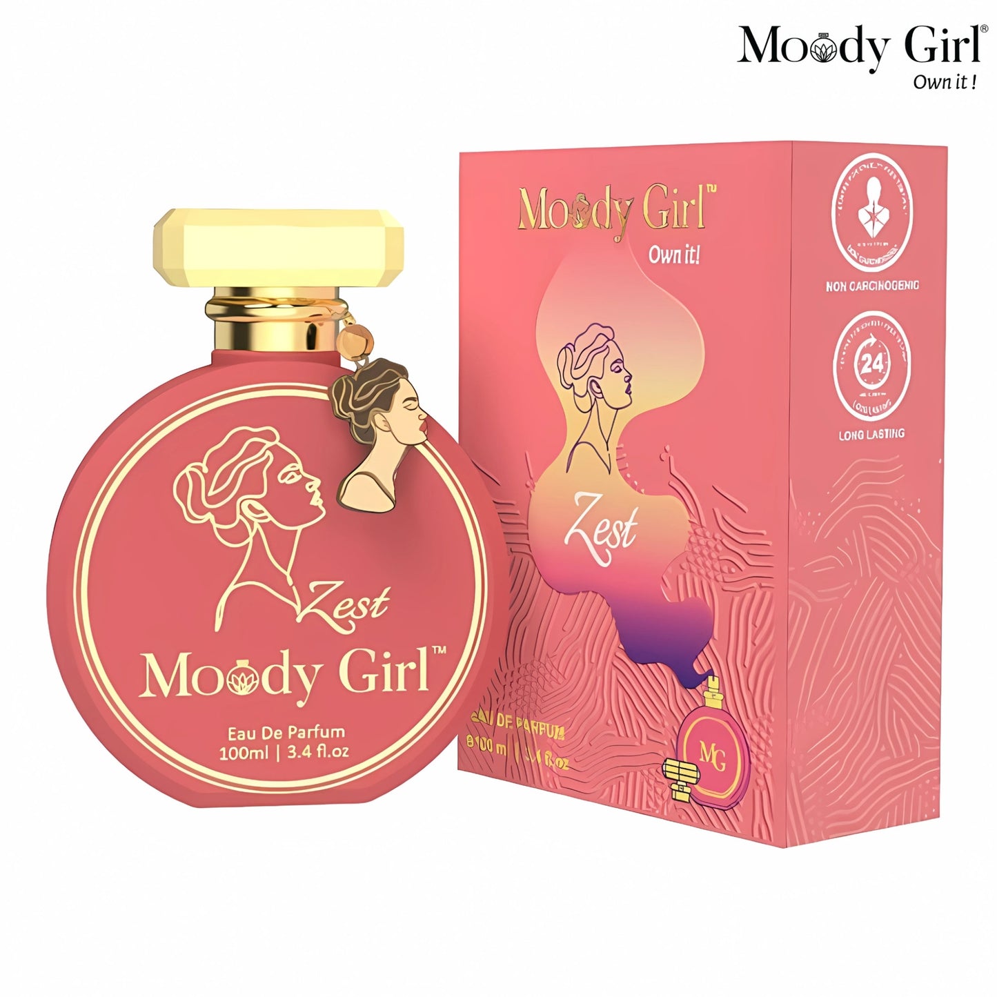 Moody Girl Zest 100ml perfume bottle and packaging on a white background