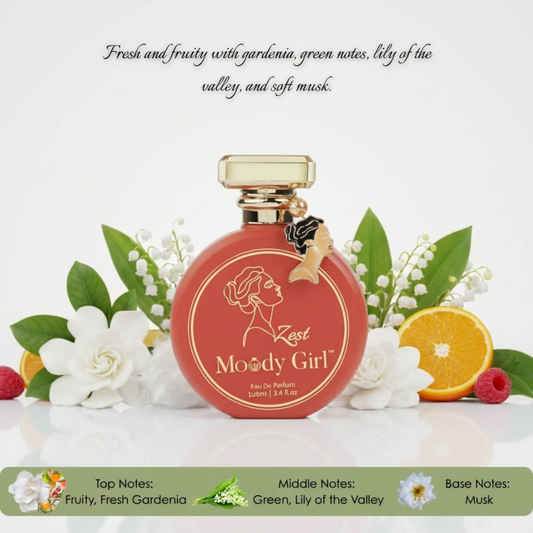 Moody Girl Zest perfume bottle with floral illustrations and product details on a white background