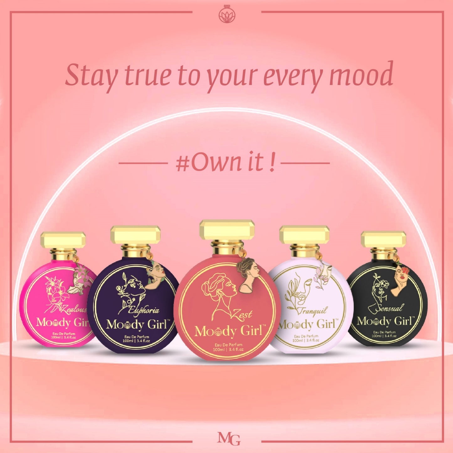 Five perfume bottles with 'Moody Girl' branding on a pink background