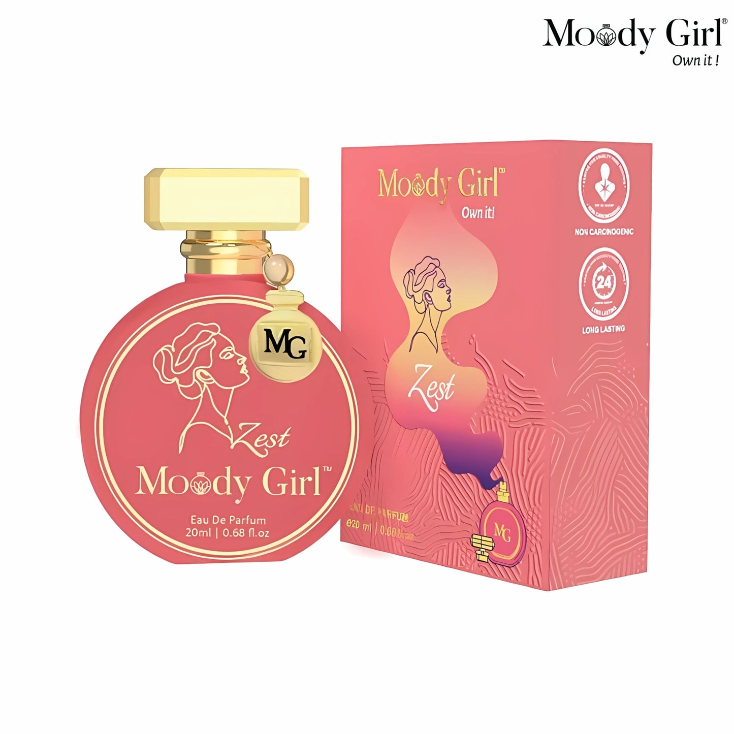 Moody Girl Zest 20ml perfume bottle and packaging on a white background