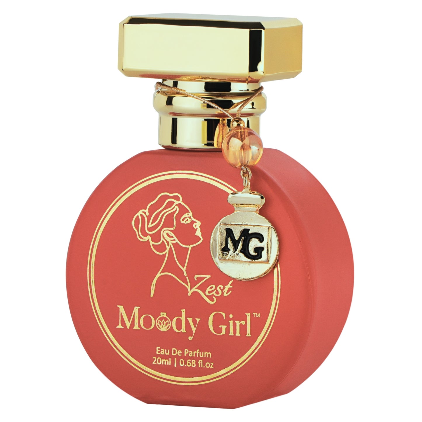 Moody Girl zest 20ml Red perfume bottle with gold cap and 'Moody Girl' branding on a white background