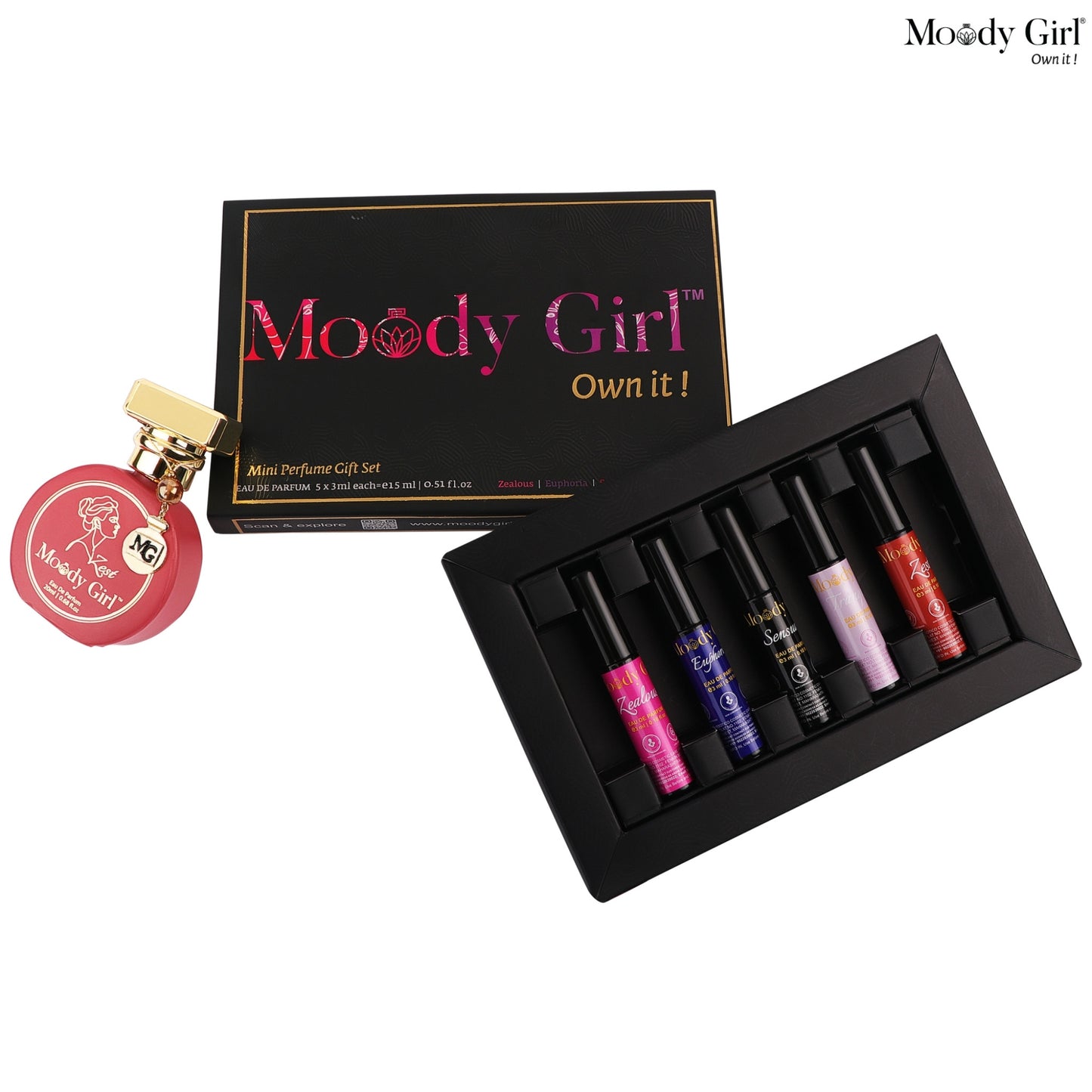 Moody Girl mini perfume gift set with six bottles and a box on a white background