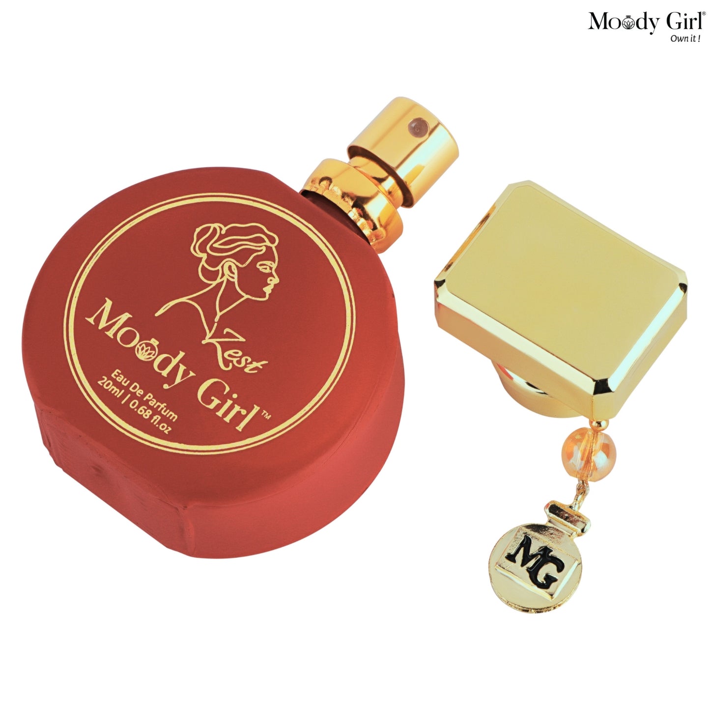 Red and gold perfume bottle with 'Moody Girl' branding on a white background