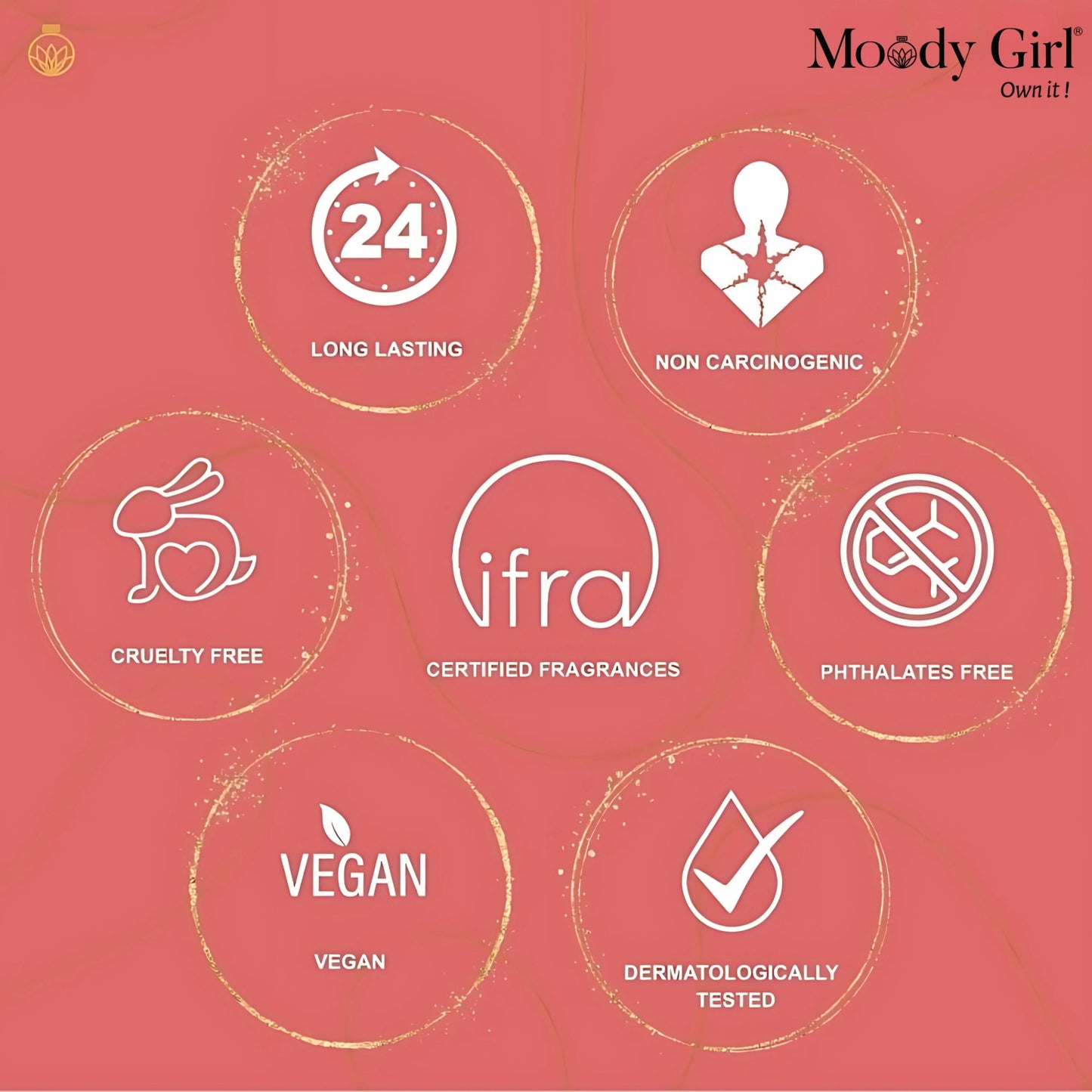 Product features with icons and text on a red background, including 'Moody Girl' brand name.