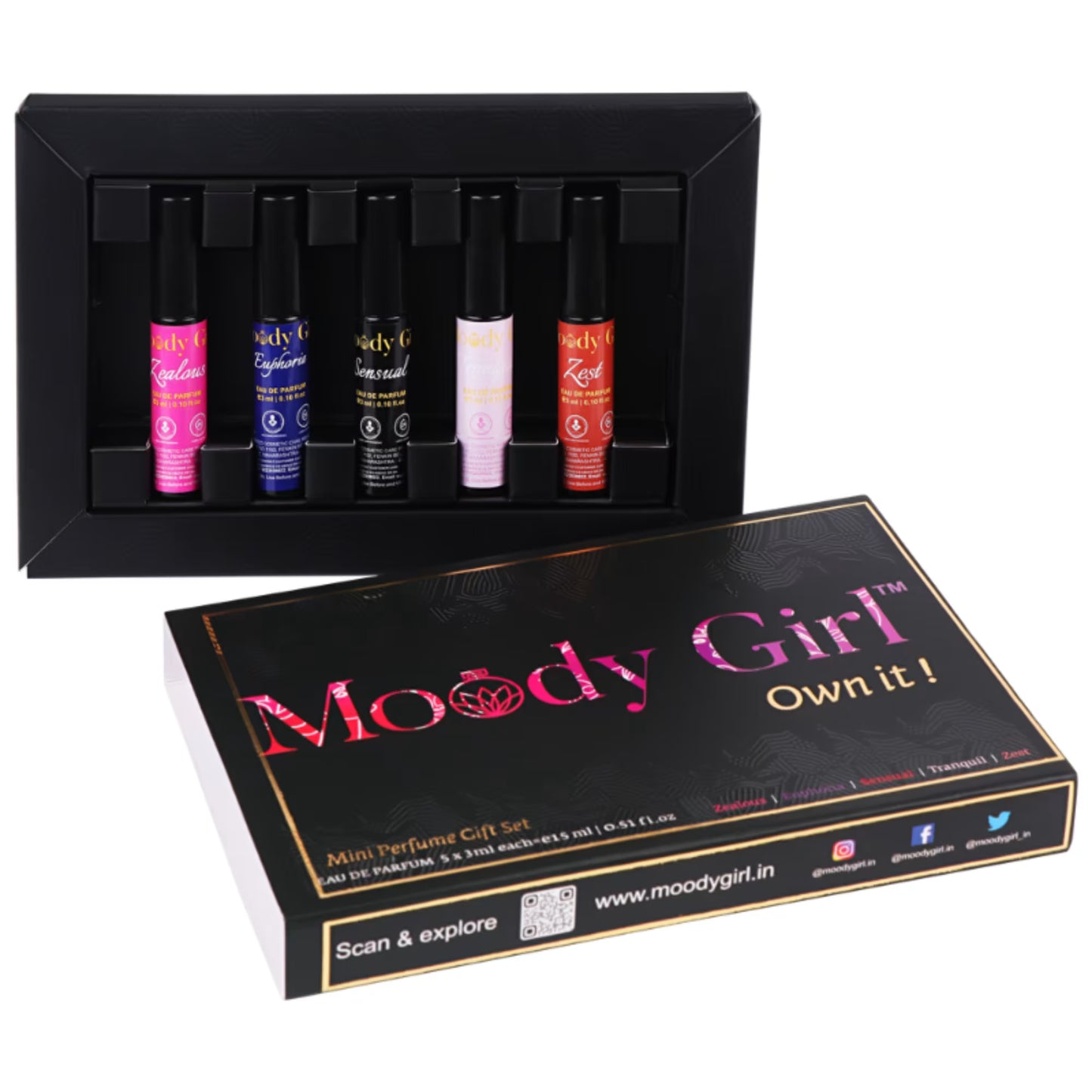 Moody Girl mini perfume gift set with five small bottles in a black display box.