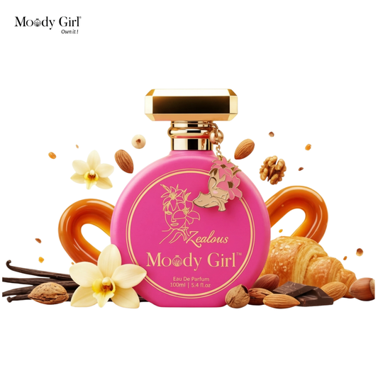Pink perfume bottle with gold accents on a white background, featuring 'Moody Girl' branding.