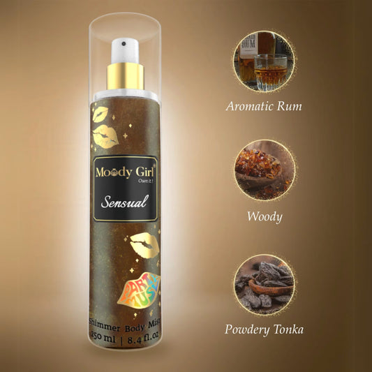 Moody Girl Sensual Shimmer Body Mist bottle with flavor descriptions on a brown background