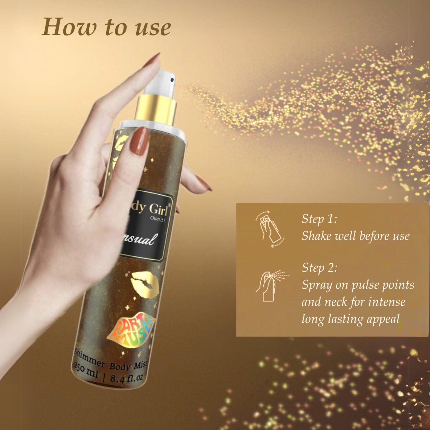 Hand holding a spray bottle with 'Moody Girl' branding, instructions on how to use it, and a gold background.