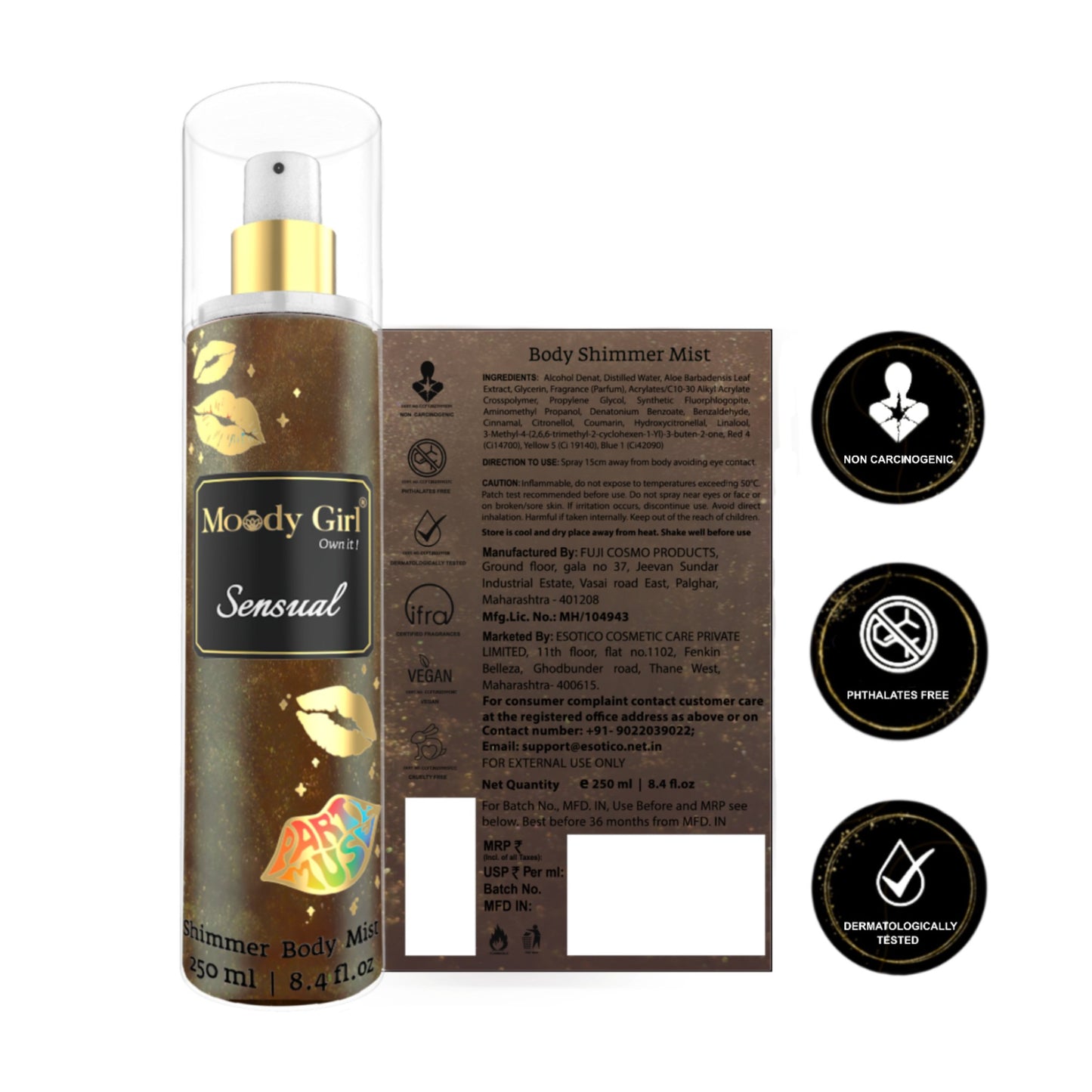 Moody Girl Sensual body shimmer mist with packaging and certification icons on a white background
