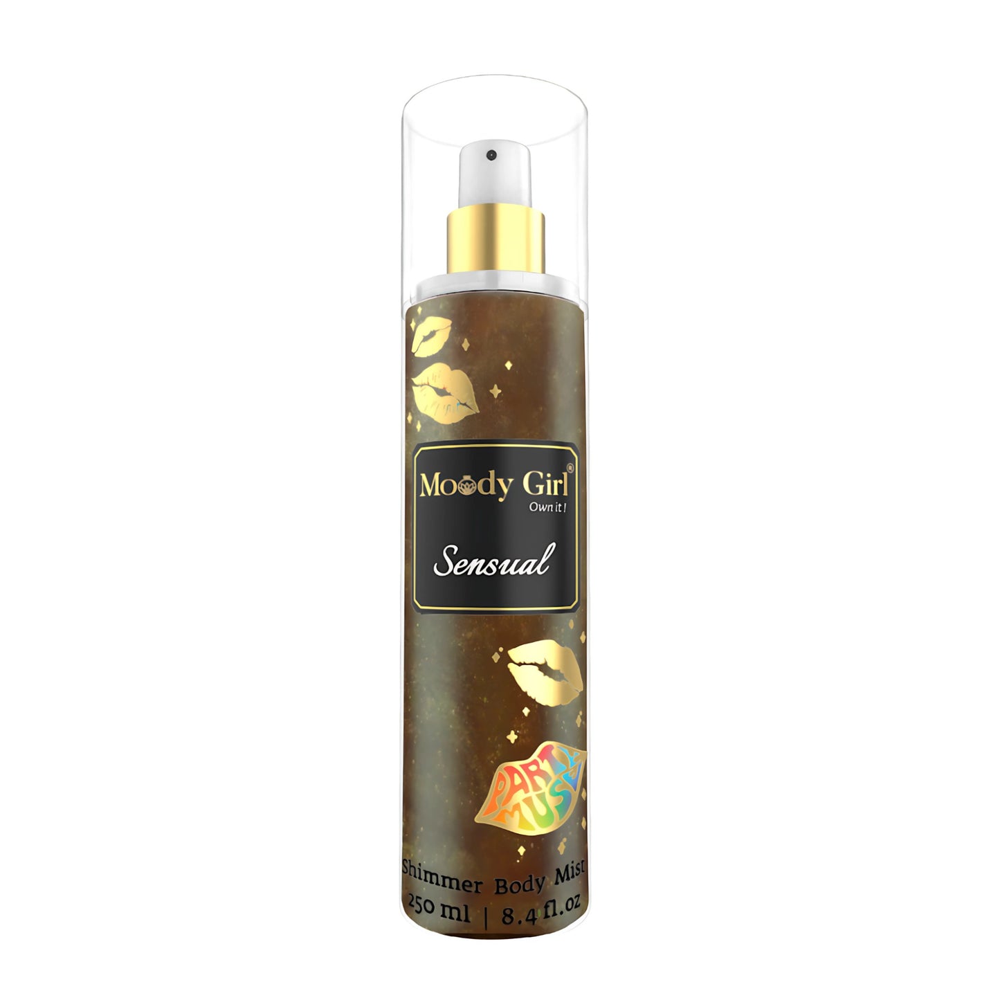 Moody Girl Sensual shimmer body mist bottle on a white background