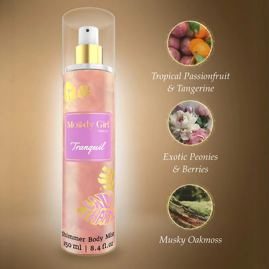 Moody Girl Tranquil Shimmer Body Mist bottle with ingredients on a brown background