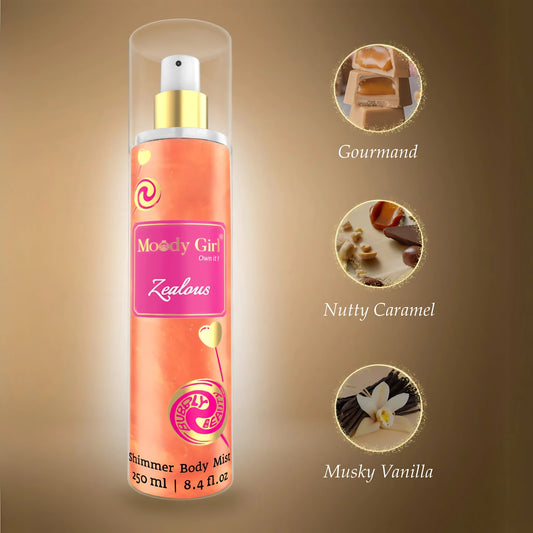 Moody Girl Zealous Shimmer Body Mist bottle with flavor options on a brown background