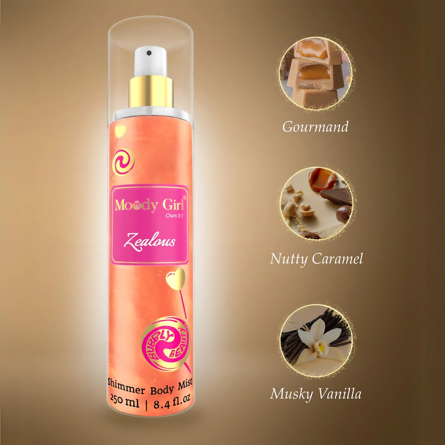 Moody Girl Zealous shimmer body mist bottle with flavor options on a brown background