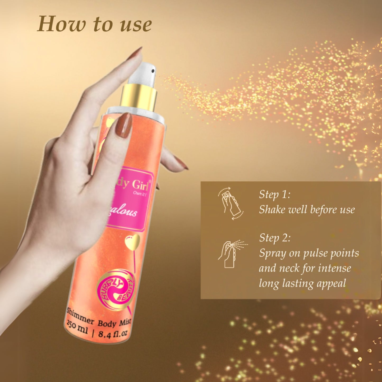 Hand holding a 'Moody Girl' body mist spray with usage instructions on a gold background