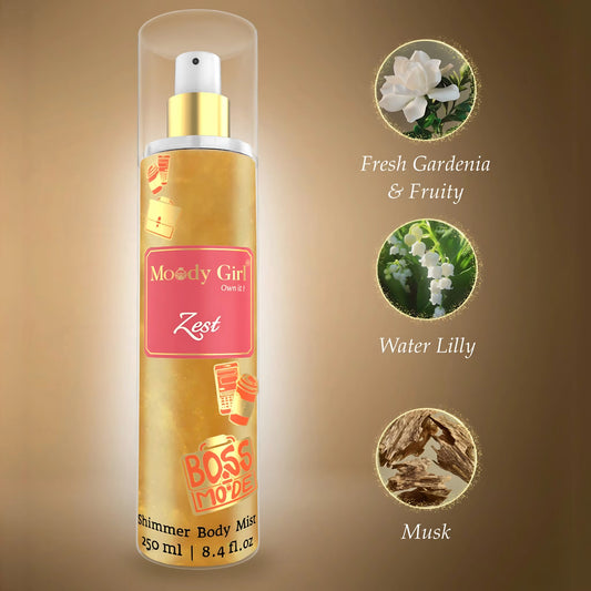 Shimmer body mist bottle with 'Moody Girl' branding on a brown background