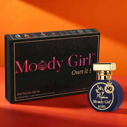Moody Girl mini perfume gift set with black box and blue perfume bottle on an orange background