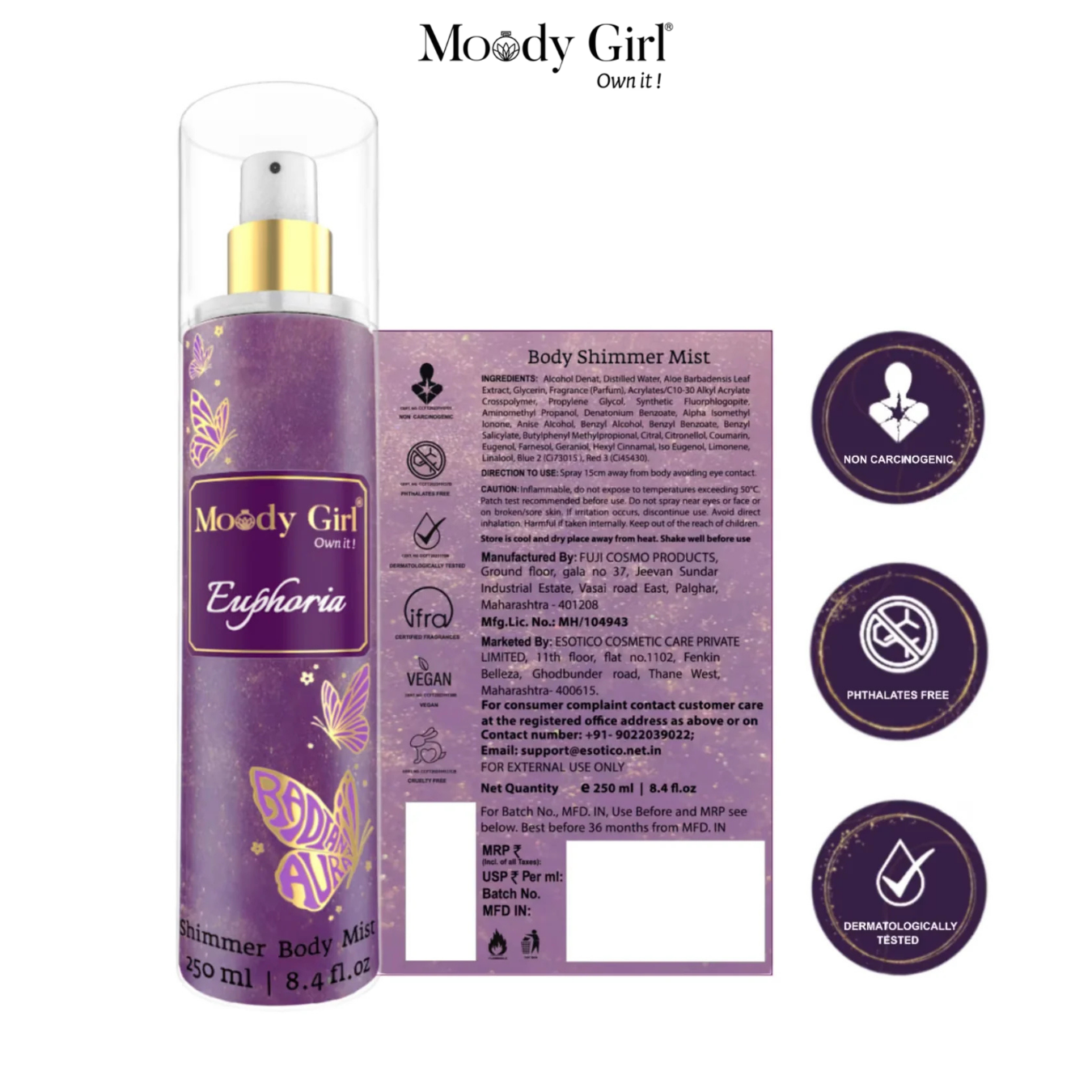 Moody Girl Euphoria body shimmer mist with packaging and certification logos on a white background