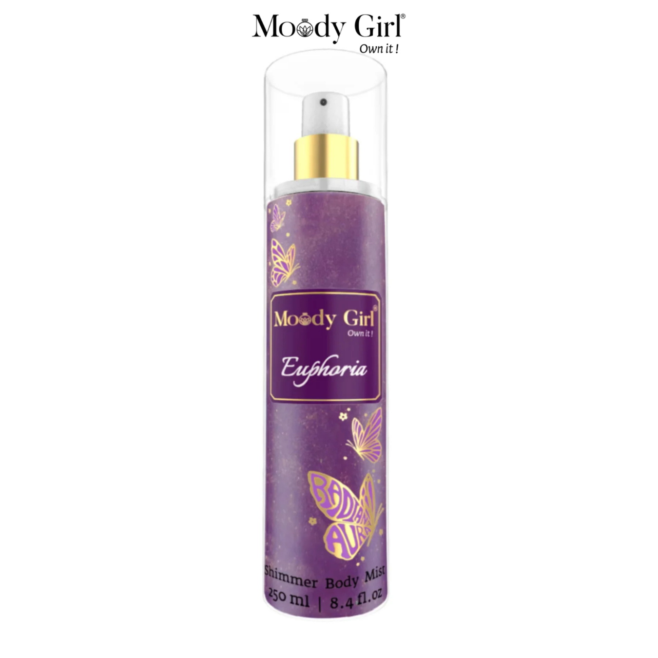 Moody Girl Euphoria shimmer body mist bottle on a white background