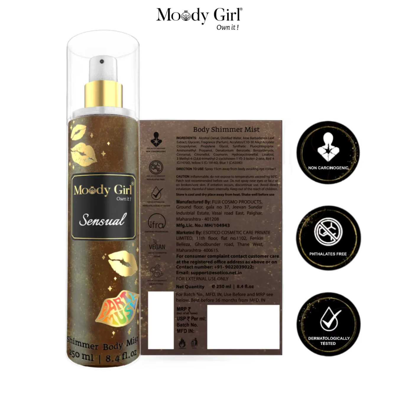 Moody Girl Sensual body shimmer mist with packaging and labels on a white background