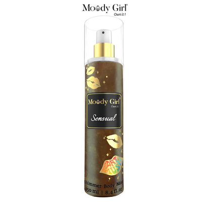 Moody Girl Sensual shimmer body mist bottle on a white background
