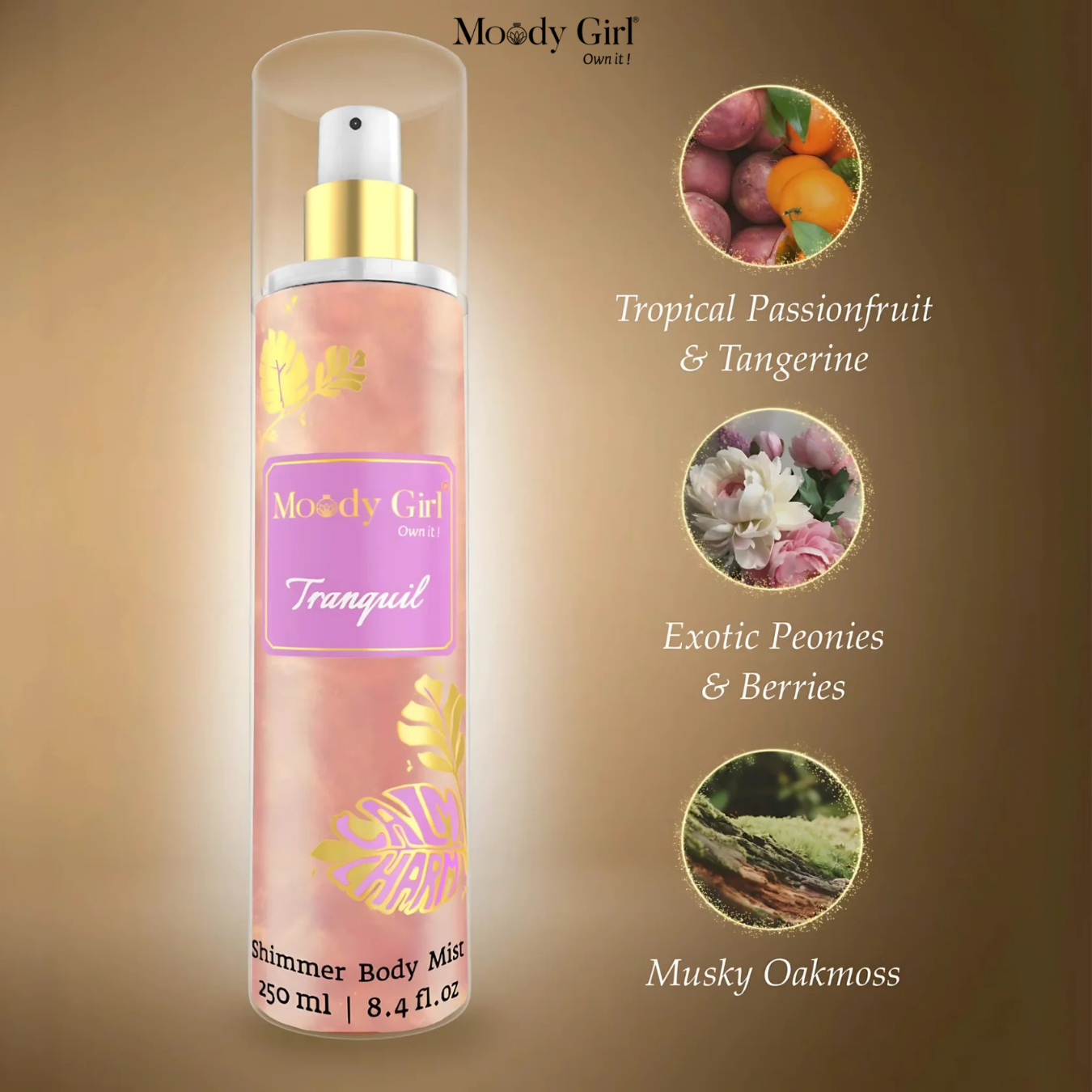 Moody Girl Tranquil Shimmer Body Mist bottle with flavor descriptions on a brown background