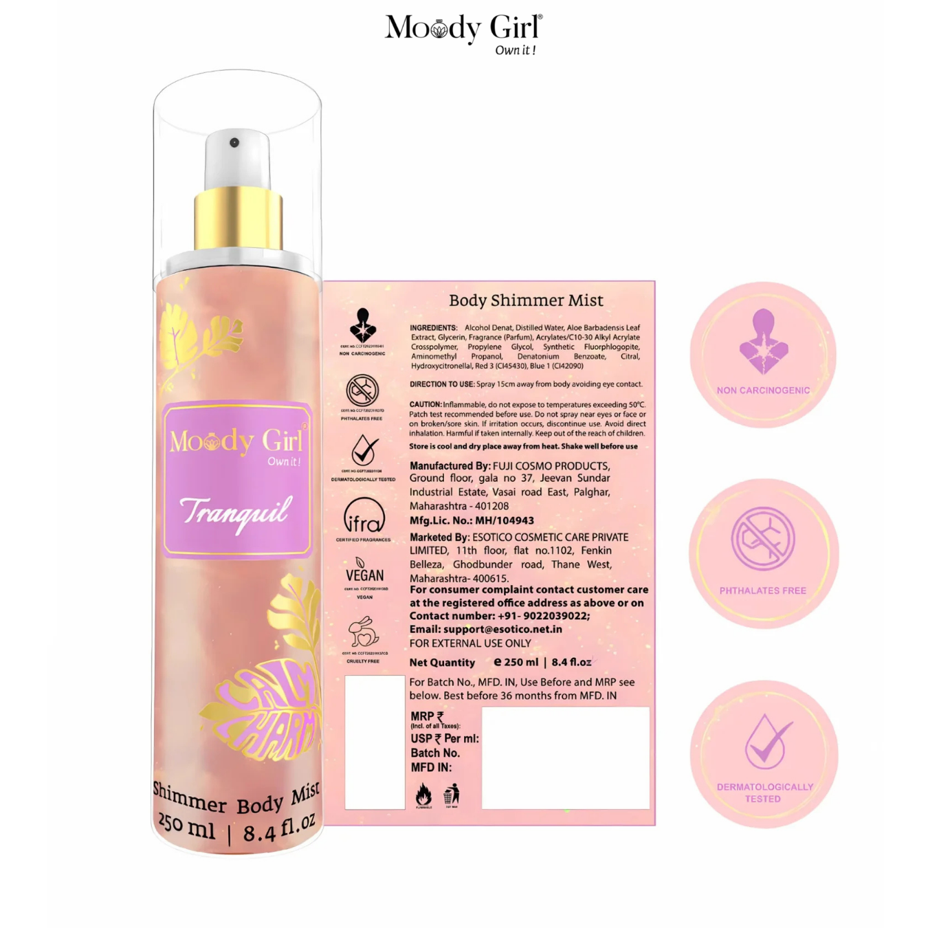 Moody Girl Tranquil Shimmer Body Mist with packaging and ingredients list on a white background