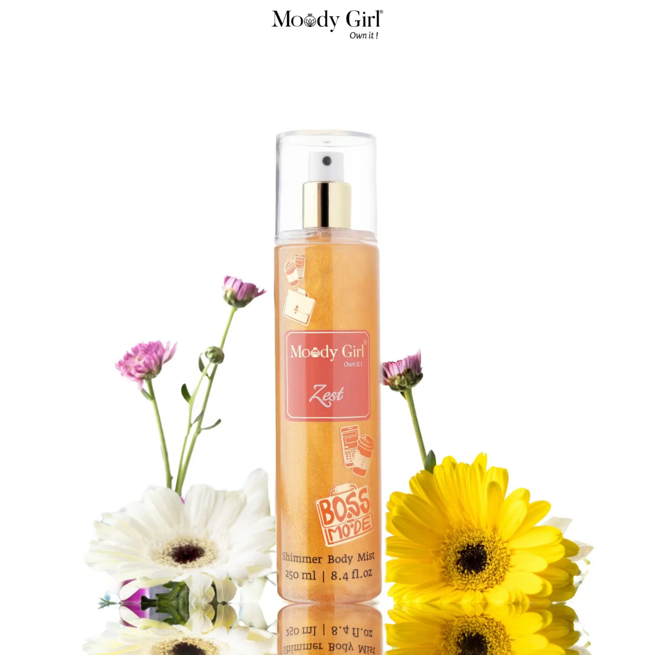 Moody Girl Boss Body Mist with flowers on a white background