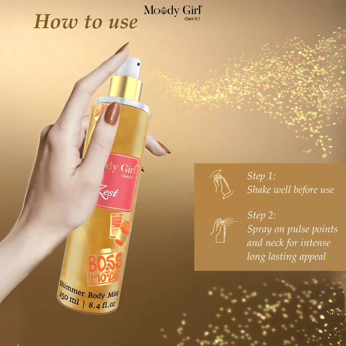 Hand holding a bottle of 'Boss' shimmer body mist with usage instructions on a gold background.
