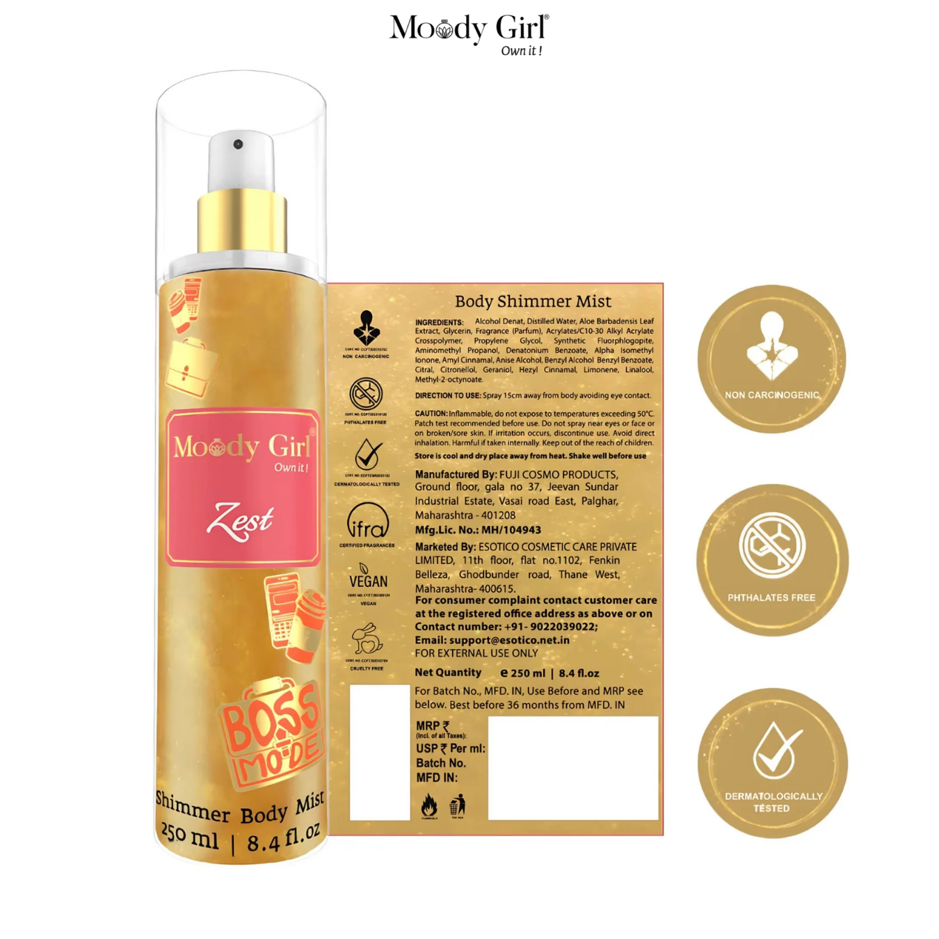 Moody Girl Zest Body Shimmer Mist with packaging and labels on a white background