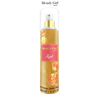 Moody Girl Zest shimmer body mist bottle on a white background