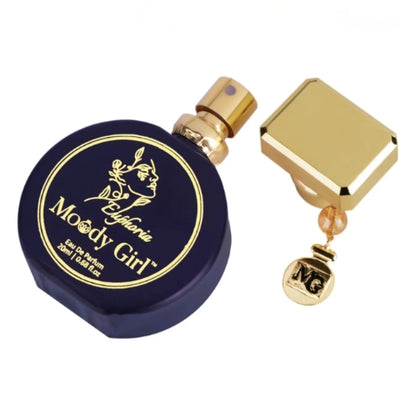 Perfume bottle with gold cap and 'Moody Girl' branding on a white background