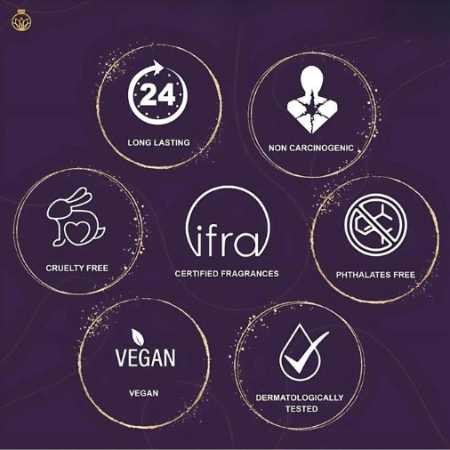 Set of icons indicating product certifications on a dark background
