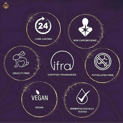 Set of icons indicating product certifications on a dark background