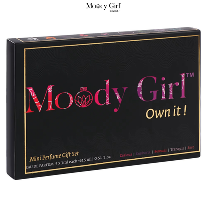 Black box of Moody Girl mini perfume gift set with pink and gold text on a white background