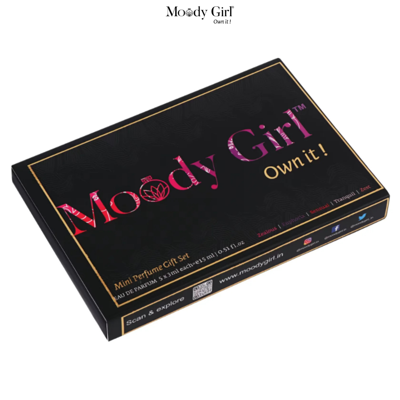 Black box of Moody Girl mini perfume gift set on a white background
