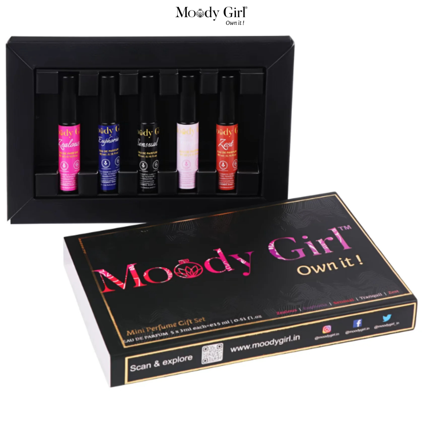 Moody Girl mini perfume gift set with five bottles in a black box on a white background.