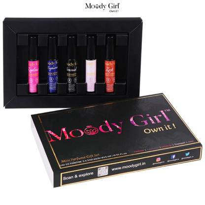 Moody Girl mini perfume gift set with five bottles in a black box on a white background.