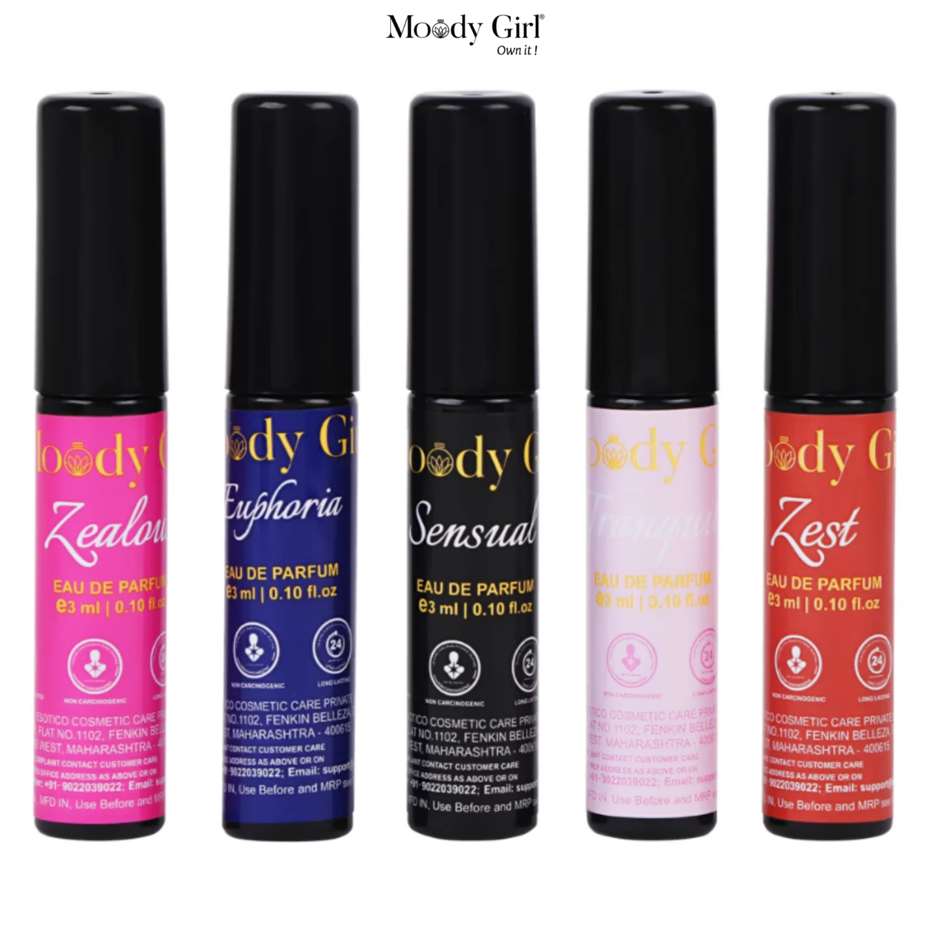 Five Moody Girl perfume bottles in various colors on a white background