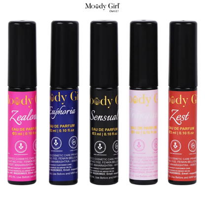 Five Moody Girl perfume bottles in various colors on a white background