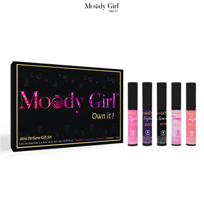 Moody Girl mini perfume gift set with packaging on a white background