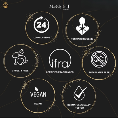 Moody Girl product features on a black background with icons indicating long-lasting, non-carcinogenic, cruelty-free, certified fragrances, phthalates-free, vegan, and dermatologically tested.