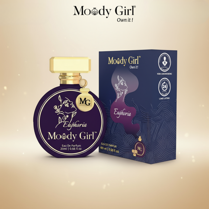Moody Girl Euphoria perfume bottle and packaging on a beige background