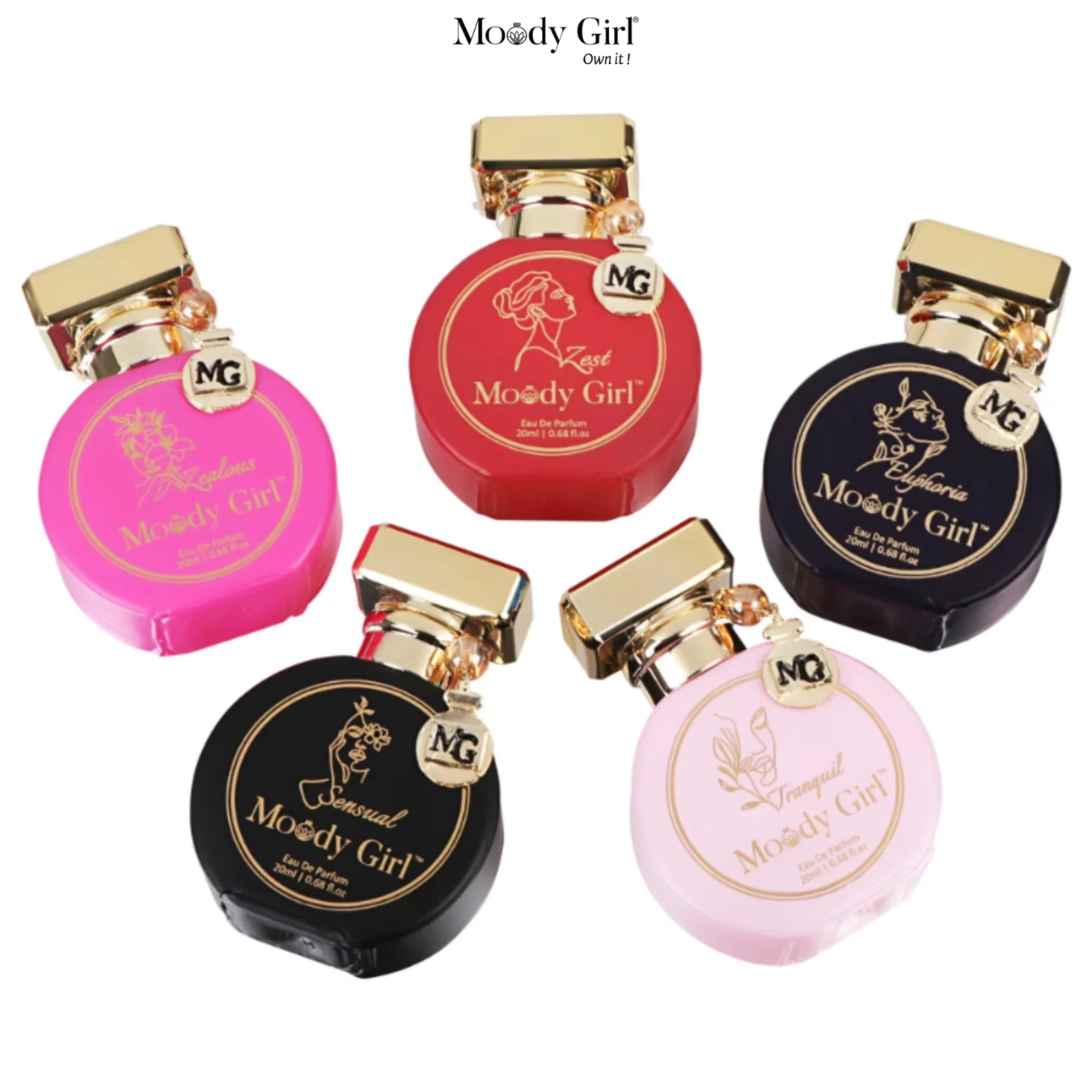 Five Moody Girl perfume bottles in various colors on a white background