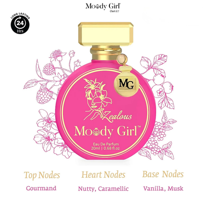 Pink and gold perfume bottle with 'Moody Girl' branding on a white background