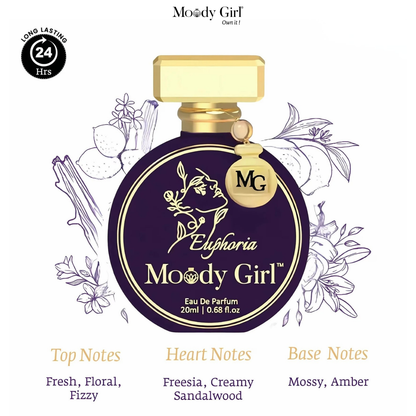 Moody Girl Euphoria perfume bottle with branding and product details on a white background