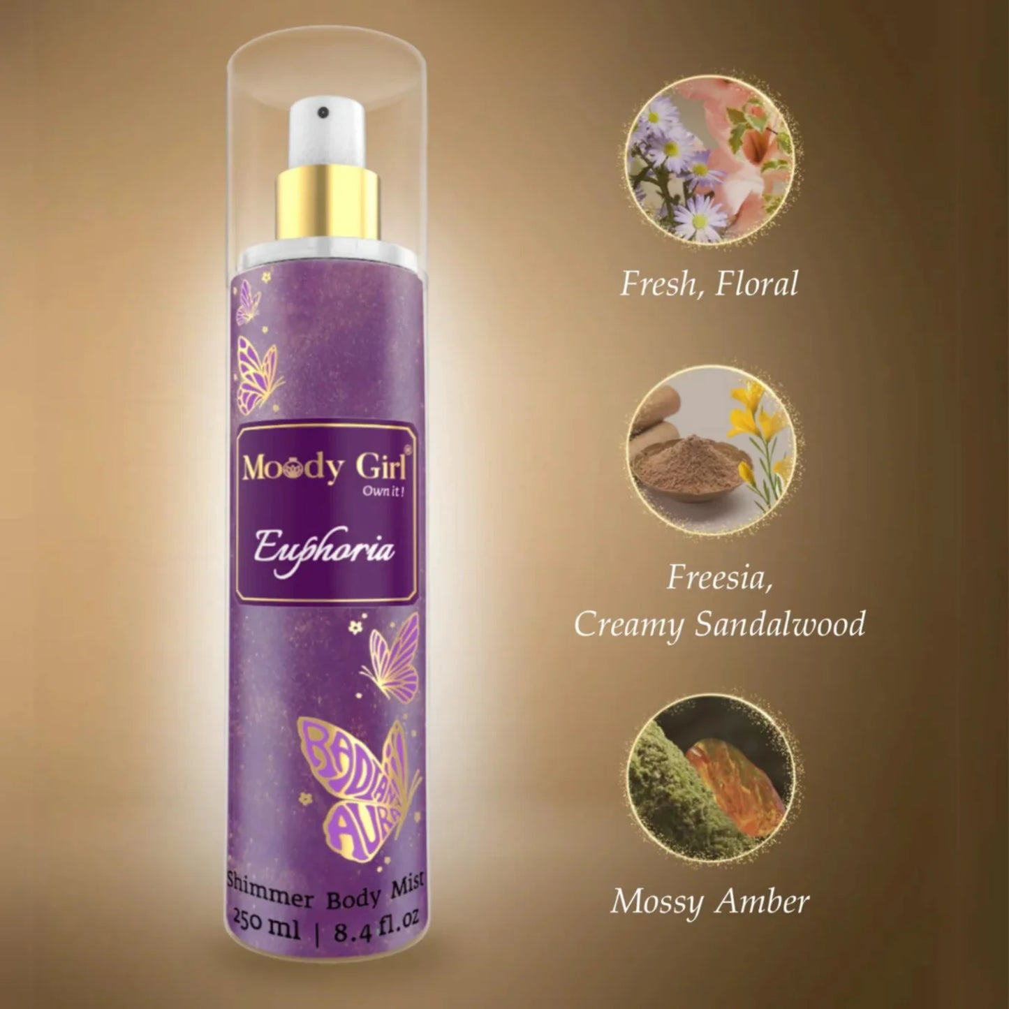 Moody Girl Euphoria body mist bottle with flavor description on a brown background