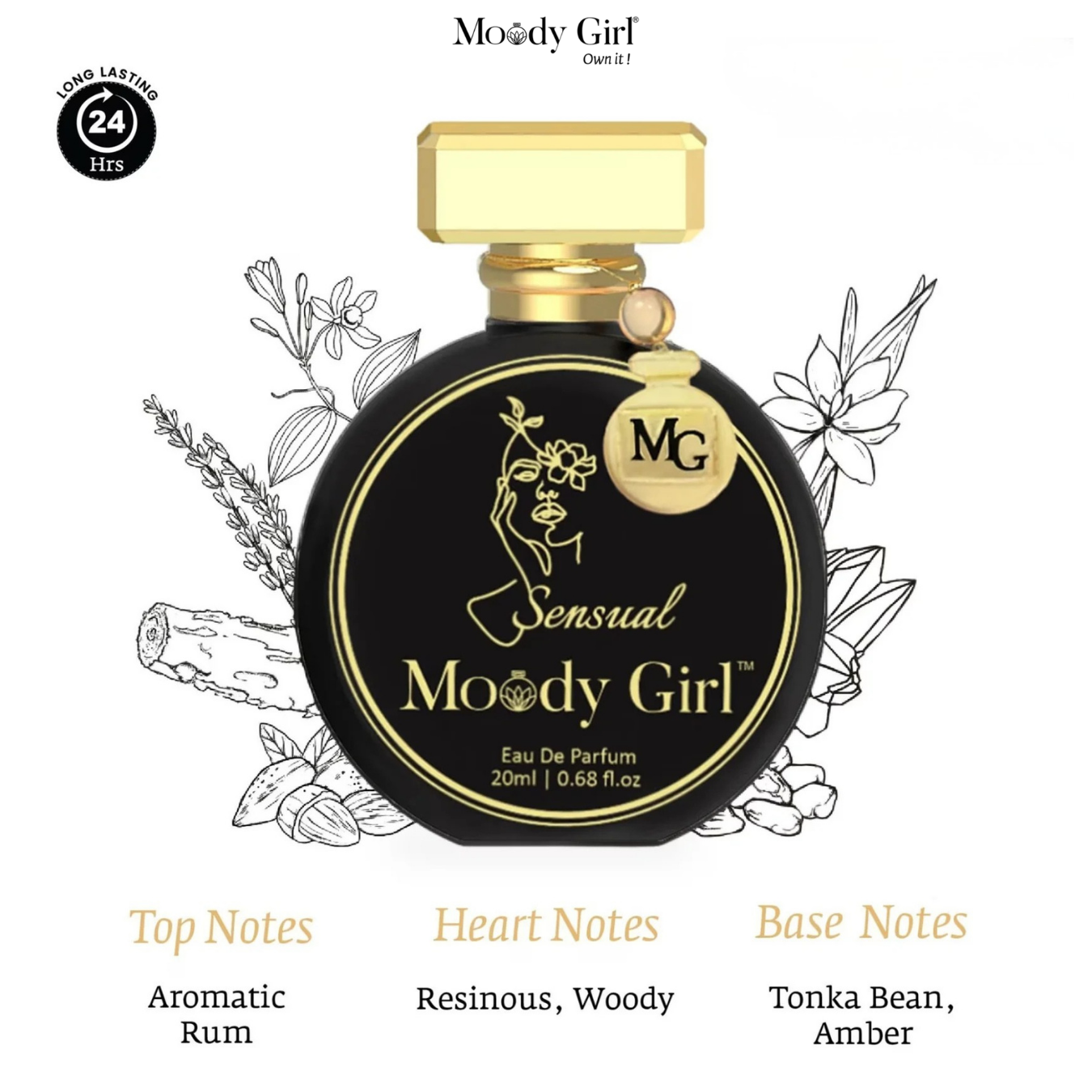 Moody Girl perfume bottle with botanical illustrations on a white background