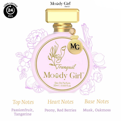 Moody Girl perfume bottle with pink and gold design on a white background