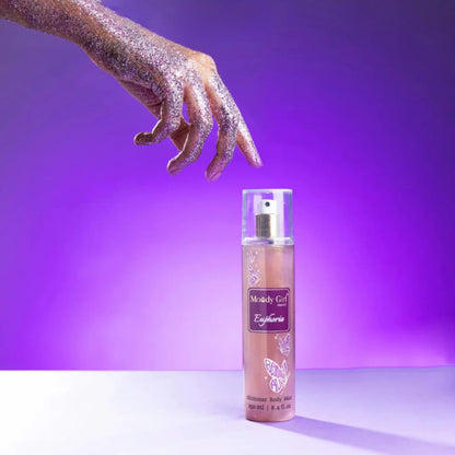 Spray bottle with glittery hand on a purple background
